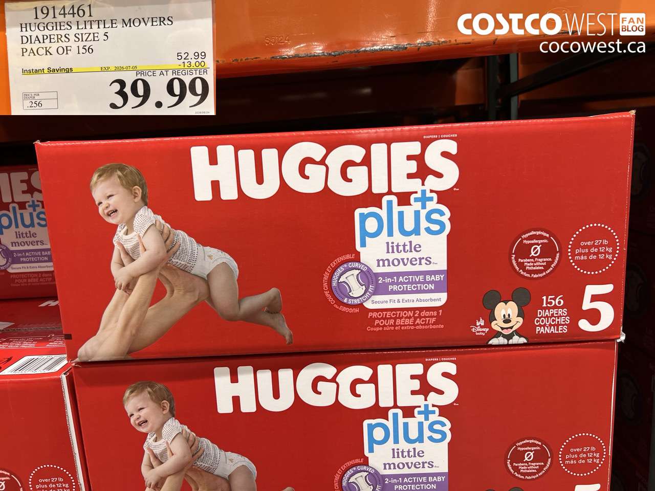 1914461 HUGGIES LITTLE MOVERS DIAPERS SIZE 5 PACK OF 156 ($13.00 INSTANT SAVINGS EXPIRES ON 2026-07-05) $39.99