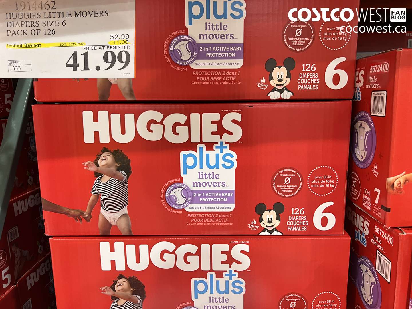 1914462 HUGGIES LITTLE MOVERS DIAPERS SIZE 6 PACK OF 126 ($11.00 INSTANT SAVINGS EXPIRES ON 2026-07-05) $41.99