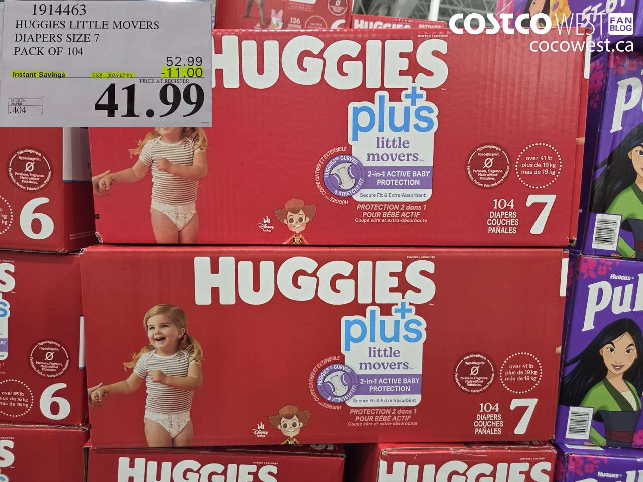 1914463 HUGGIES LITTLE MOVERS DIAPERS SIZE 7 PACK OF 104 ($11.00 INSTANT SAVINGS EXPIRES ON 2026-07-05) $41.99