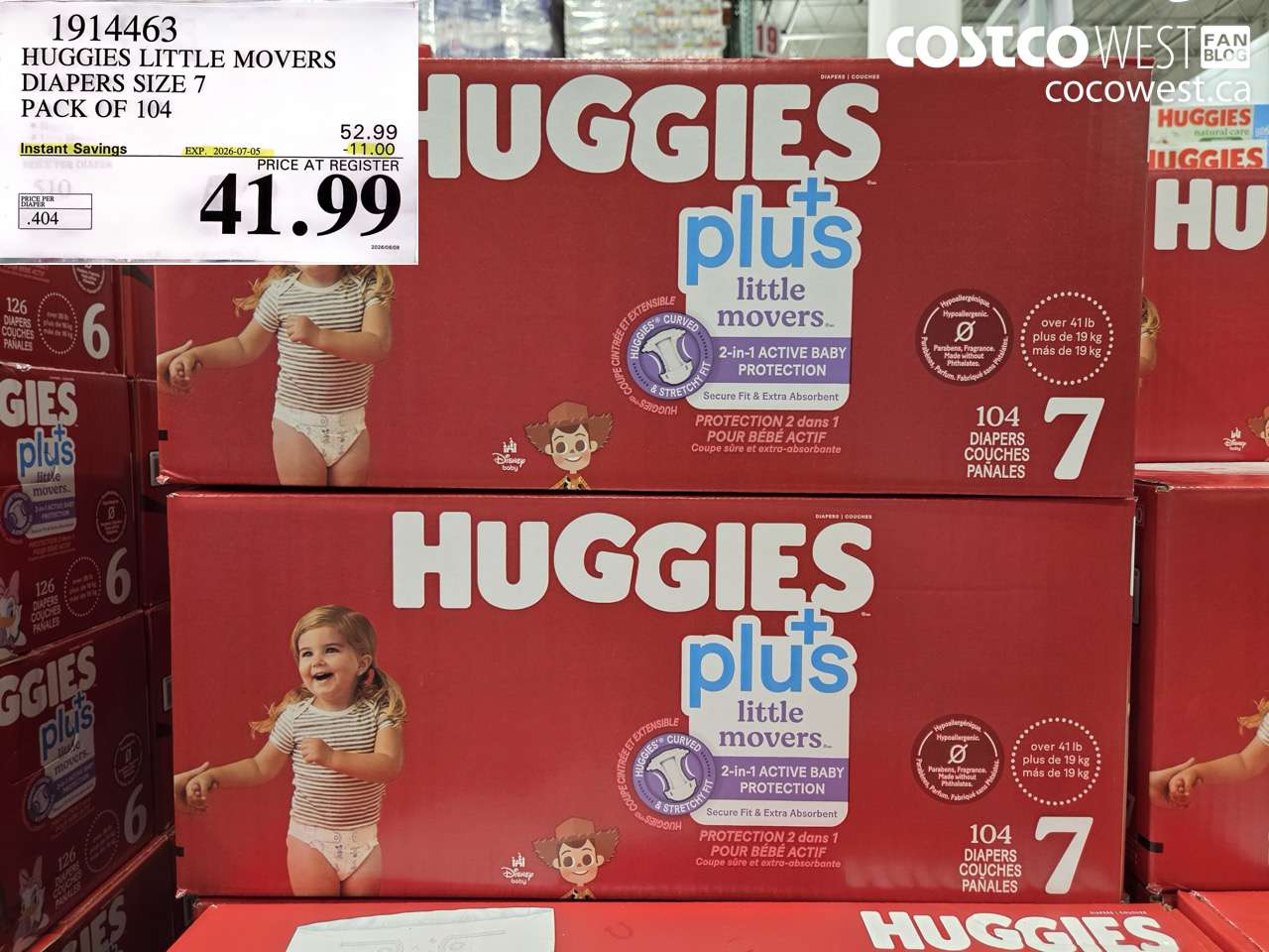 1914463 HUGGIES LITTLE MOVERS DIAPERS SIZE 7 PACK OF 104 ($11.00 INSTANT SAVINGS EXPIRES ON 2026-07-05) $41.99