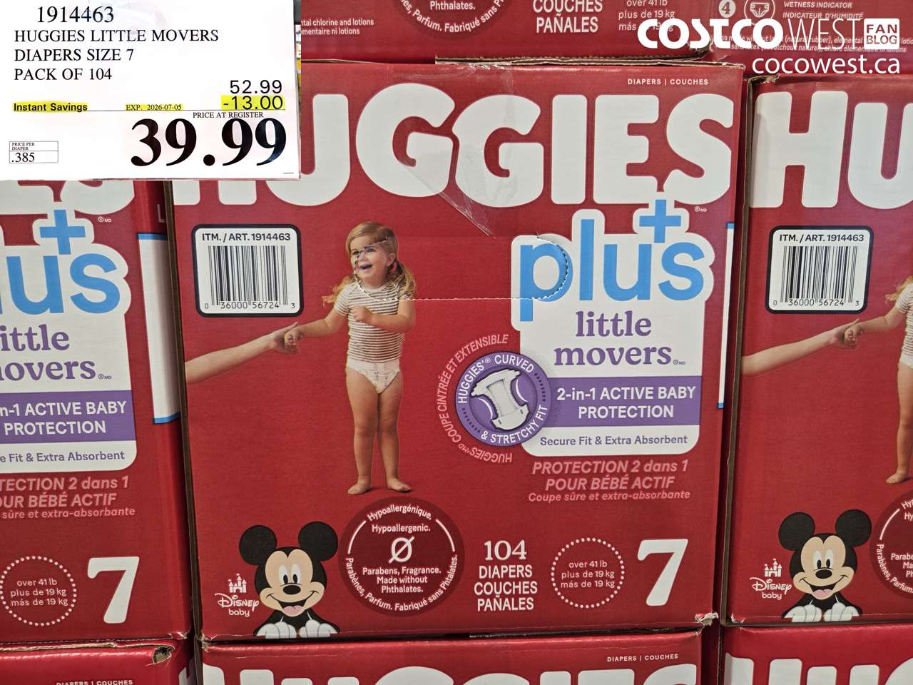 1914463 HUGGIES LITTLE MOVERS DIAPERS SIZE 7 PACK OF 104 ($13.00 INSTANT SAVINGS EXPIRES ON 2026-07-05) $39.99