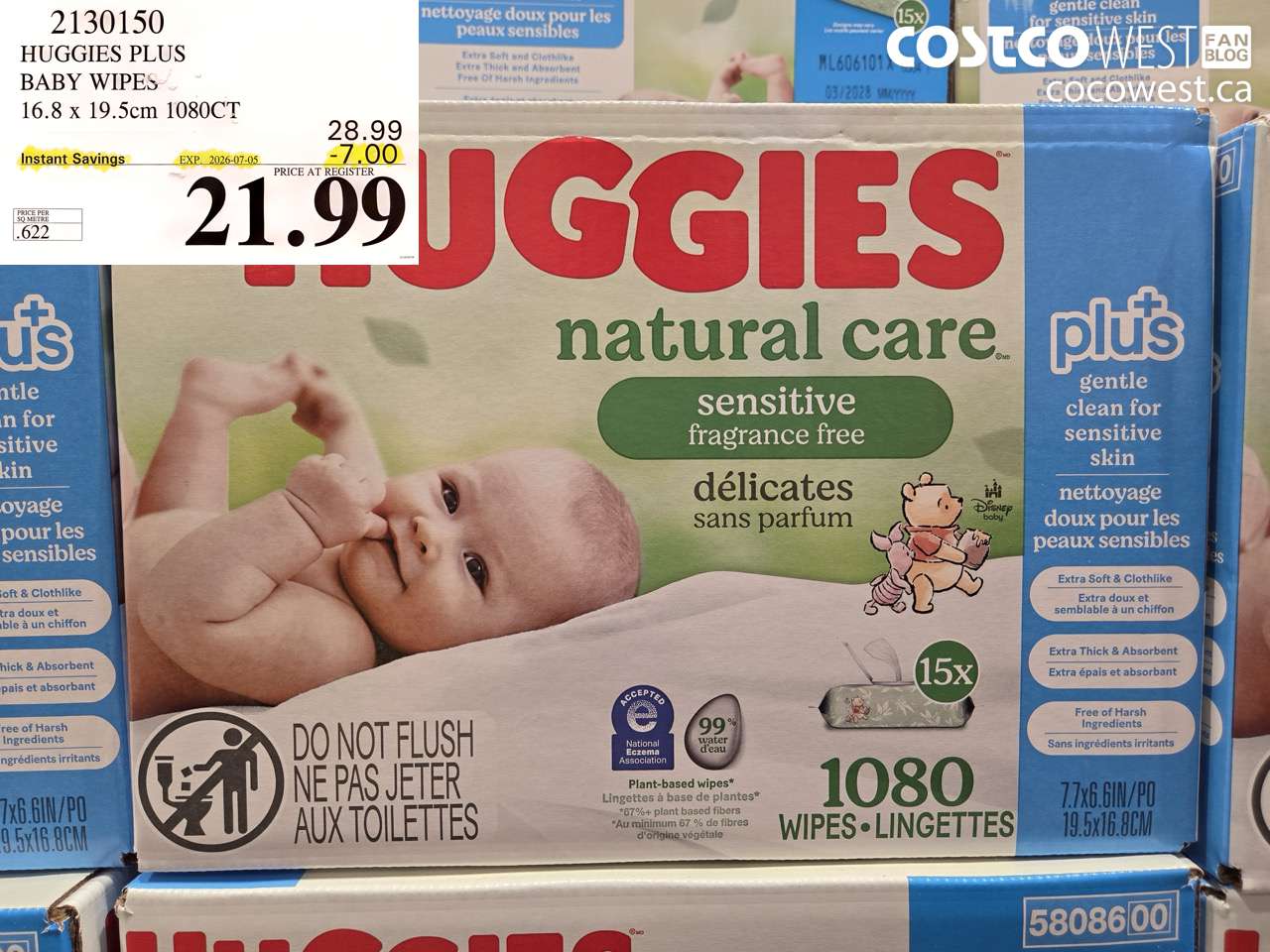 2130150 HUGGIES PLUS BABY WIPES 16.8 X 19.5CM 1080CT ($7.00 INSTANT SAVINGS EXPIRES ON 2026-07-05) $21.99