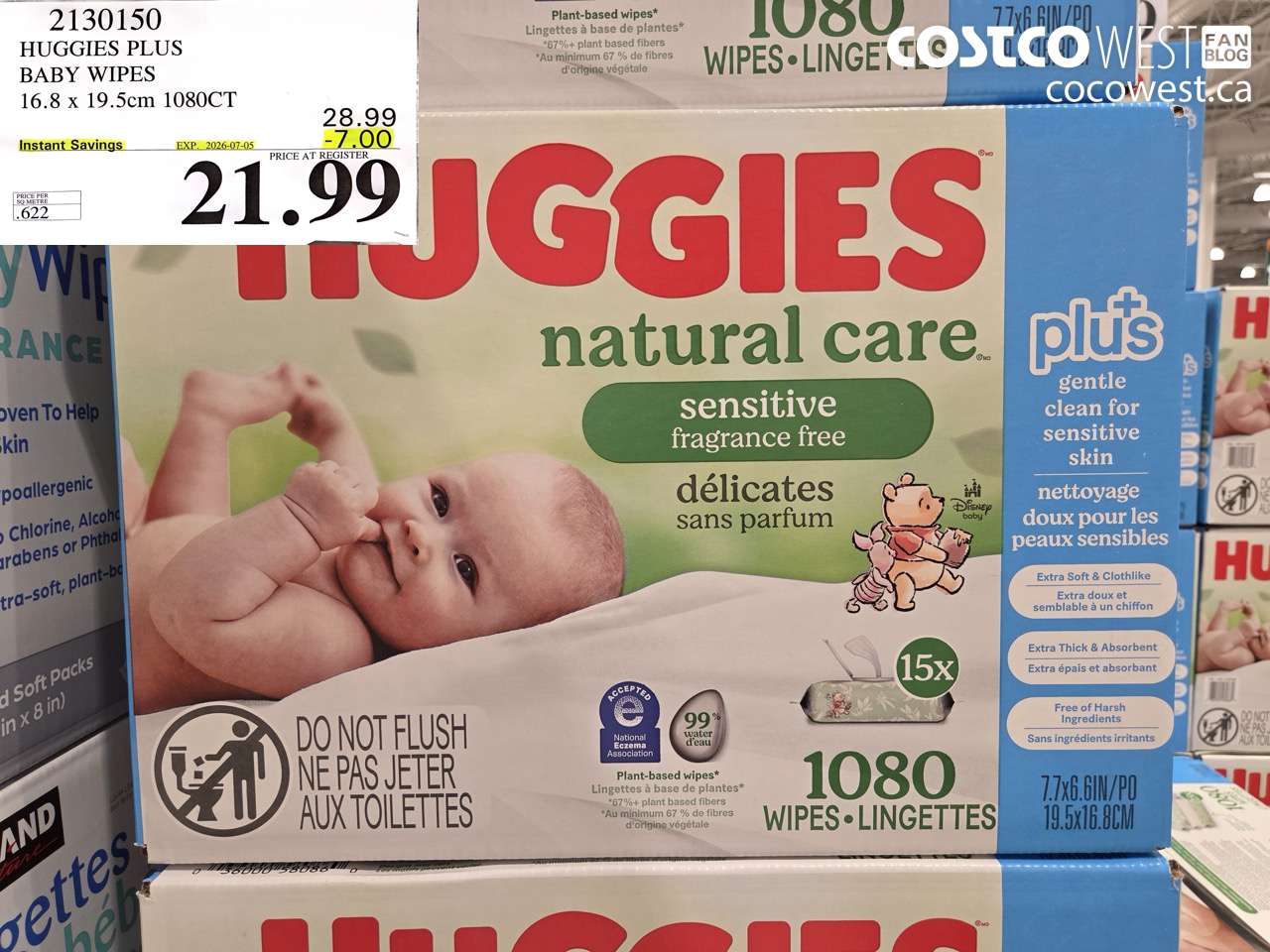 2130150 HUGGIES PLUS BABY WIPES 16.8 X 19.5 CM 1080CT ($7.00 INSTANT SAVINGS EXPIRES ON 2026-07-05) $21.99