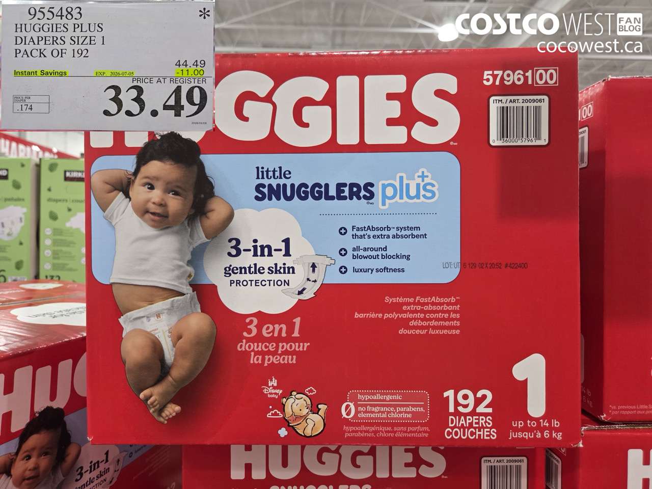 955483 HUGGIES PLUS DIAPERS SIZE 1 PACK OF 192 ($11.00 INSTANT SAVINGS EXPIRES ON 2026-07-05) $33.49