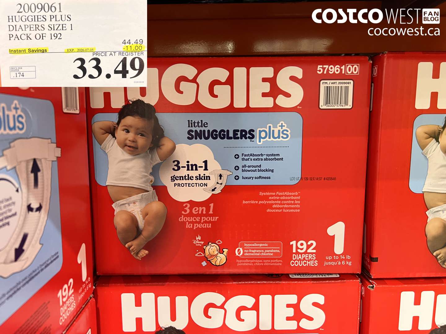 2009061 HUGGIES PLUS DIAPERS SIZE 1 PACK OF 192 ($11.00 INSTANT SAVINGS EXPIRES ON 2026-07-05) $33.49