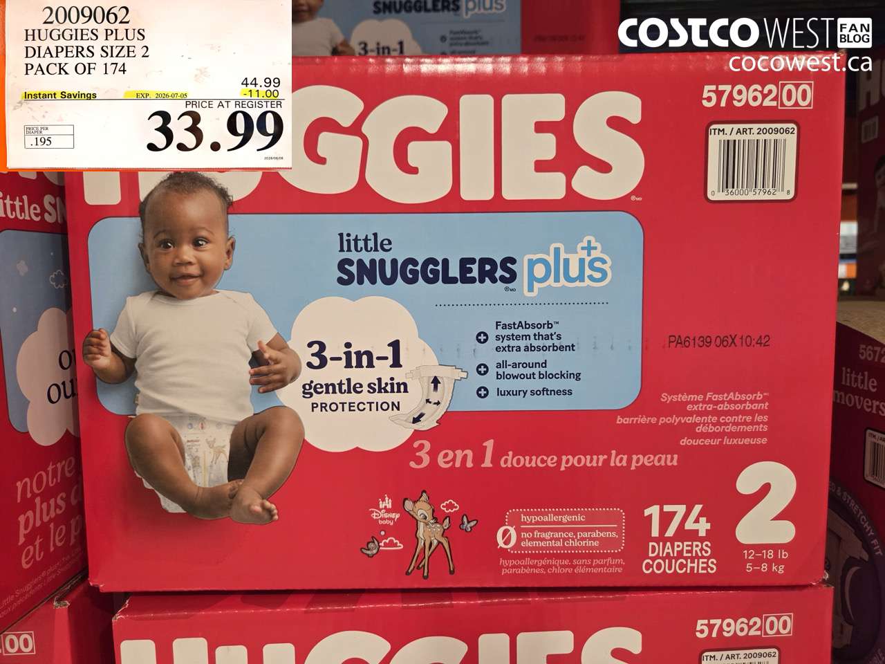 2009062 HUGGIES PLUS DIAPERS SIZE 2 PACK OF 174 ($11.00 INSTANT SAVINGS EXPIRES ON 2026-07-05) $33.99