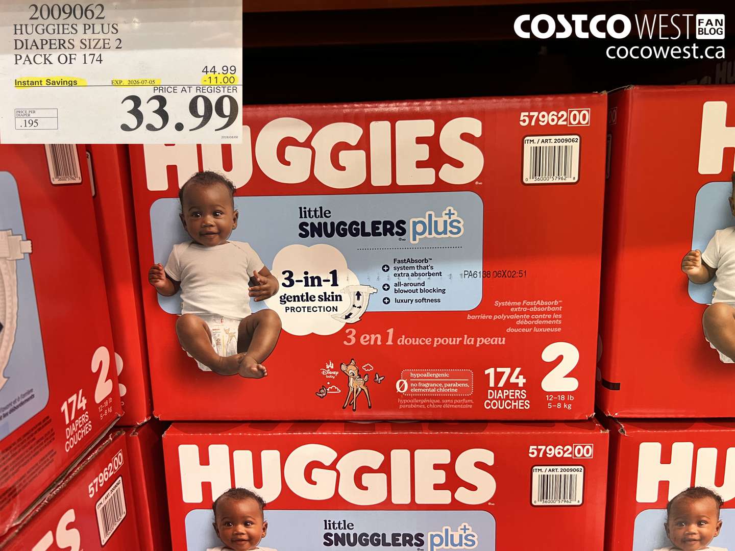 2009062 HUGGIES PLUS DIAPERS SIZE 2 PACK OF 174 ($11.00 INSTANT SAVINGS EXPIRES ON 2026-07-05) $33.99