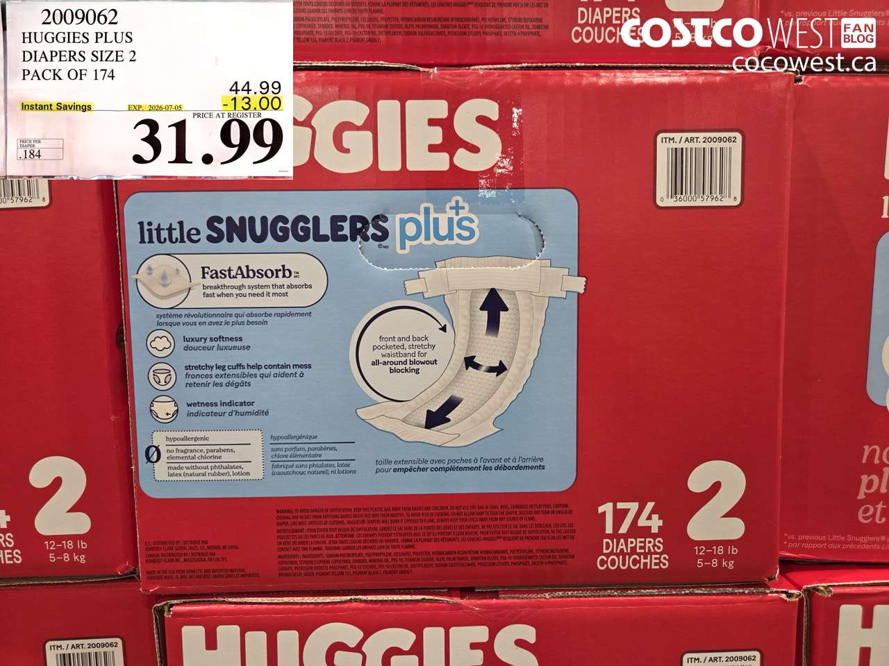 2009062 HUGGIES PLUS DIAPERS SIZE 2 PACK OF 174 ($13.00 INSTANT SAVINGS EXPIRES ON 2026-07-05) $31.99