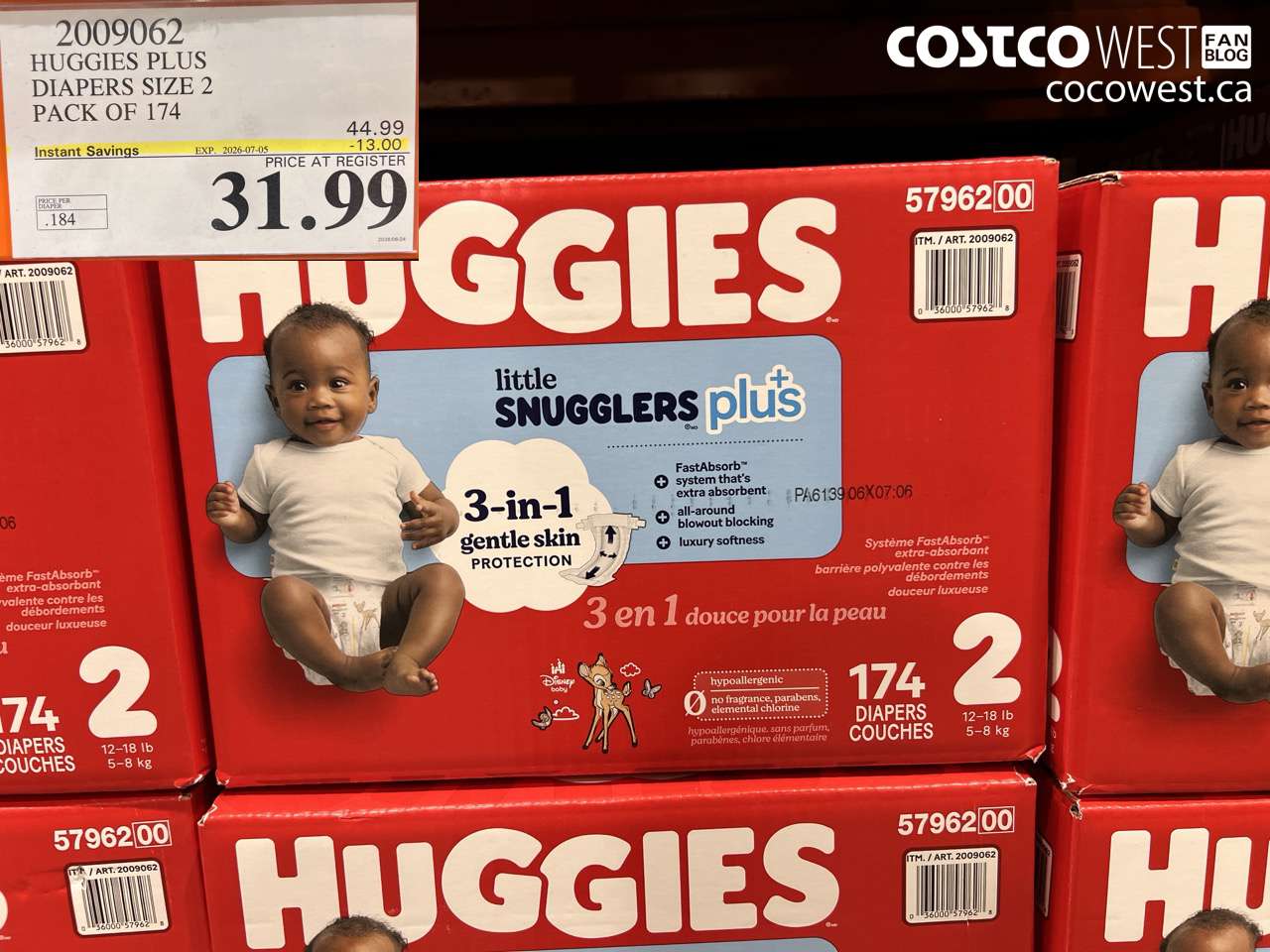 2009062 HUGGIES PLUS DIAPERS SIZE 2 PACK OF 174 ($13.00 INSTANT SAVINGS EXPIRES ON 2026-07-05) $31.99