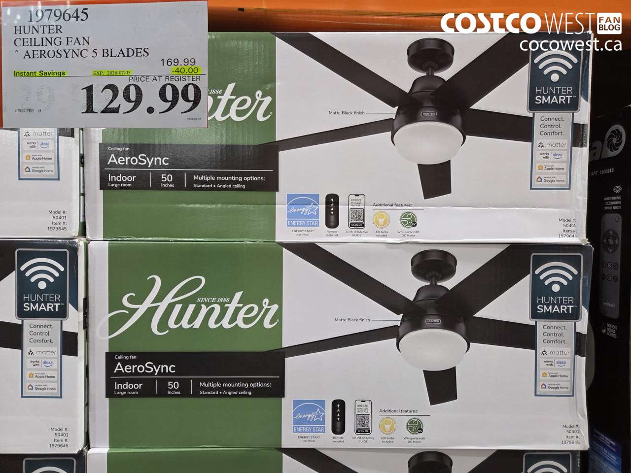 1979645 HUNTER CEILING FAN AEROSYNC 5 BLADES ($40.00 INSTANT SAVINGS EXPIRES ON 2026-07-05) $129.99