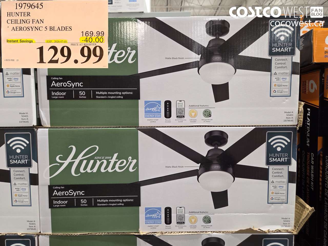 1979645 HUNTER CEILING FAN AEROSYNC 5 BLADES ($40.00 INSTANT SAVINGS EXPIRES ON 2026-07-05) $129.99