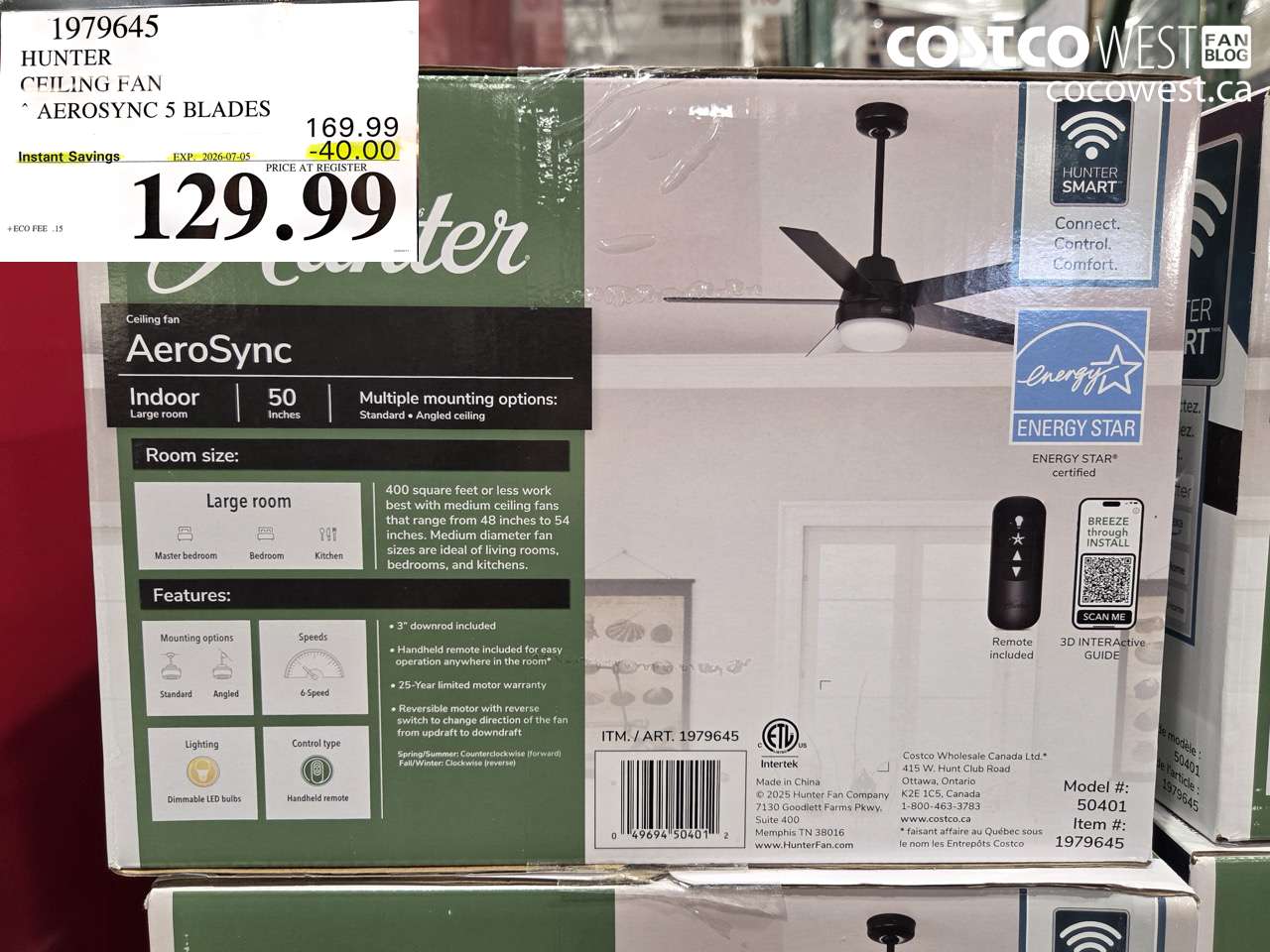 1979645 HUNTER CEILING FAN AEROSYNC 5 BLADES ($40.00 INSTANT SAVINGS EXPIRES ON 2026-07-05) $129.99