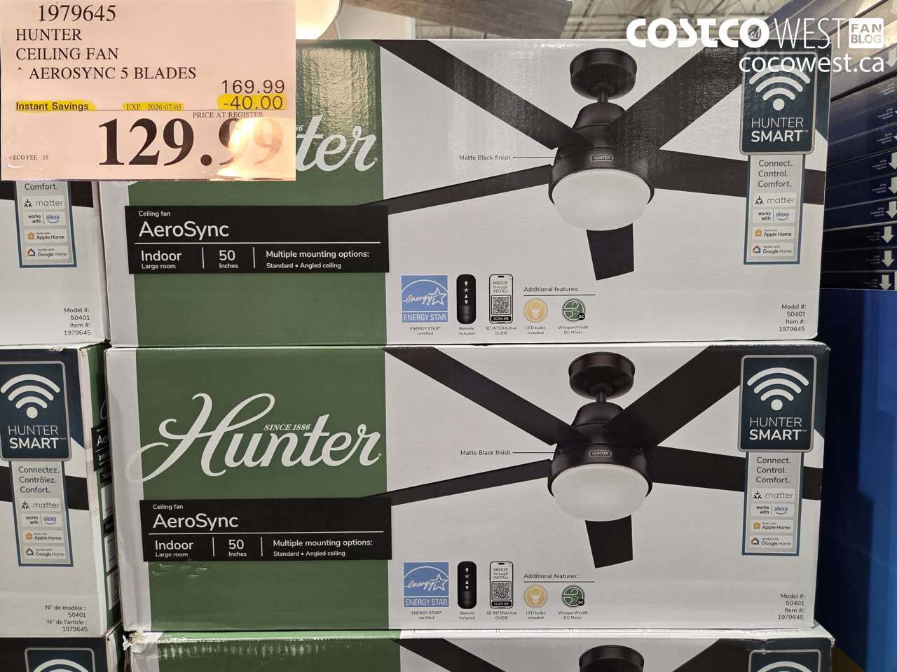 1979645 HUNTER CEILING FAN AEROSYNC 5 BLADES ($40.00 INSTANT SAVINGS EXPIRES ON 2026-07-05) $129.99