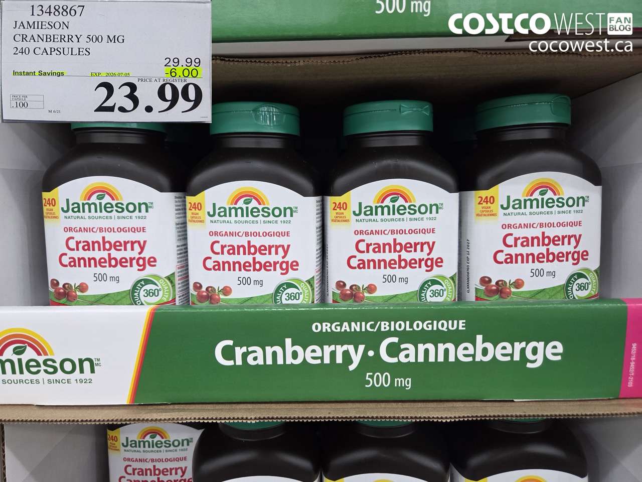 1348867 JAMIESON CRANBERRY 500 MG 240 CAPSULES ($6.00 INSTANT SAVINGS EXPIRES ON 2026-07-05) $23.99