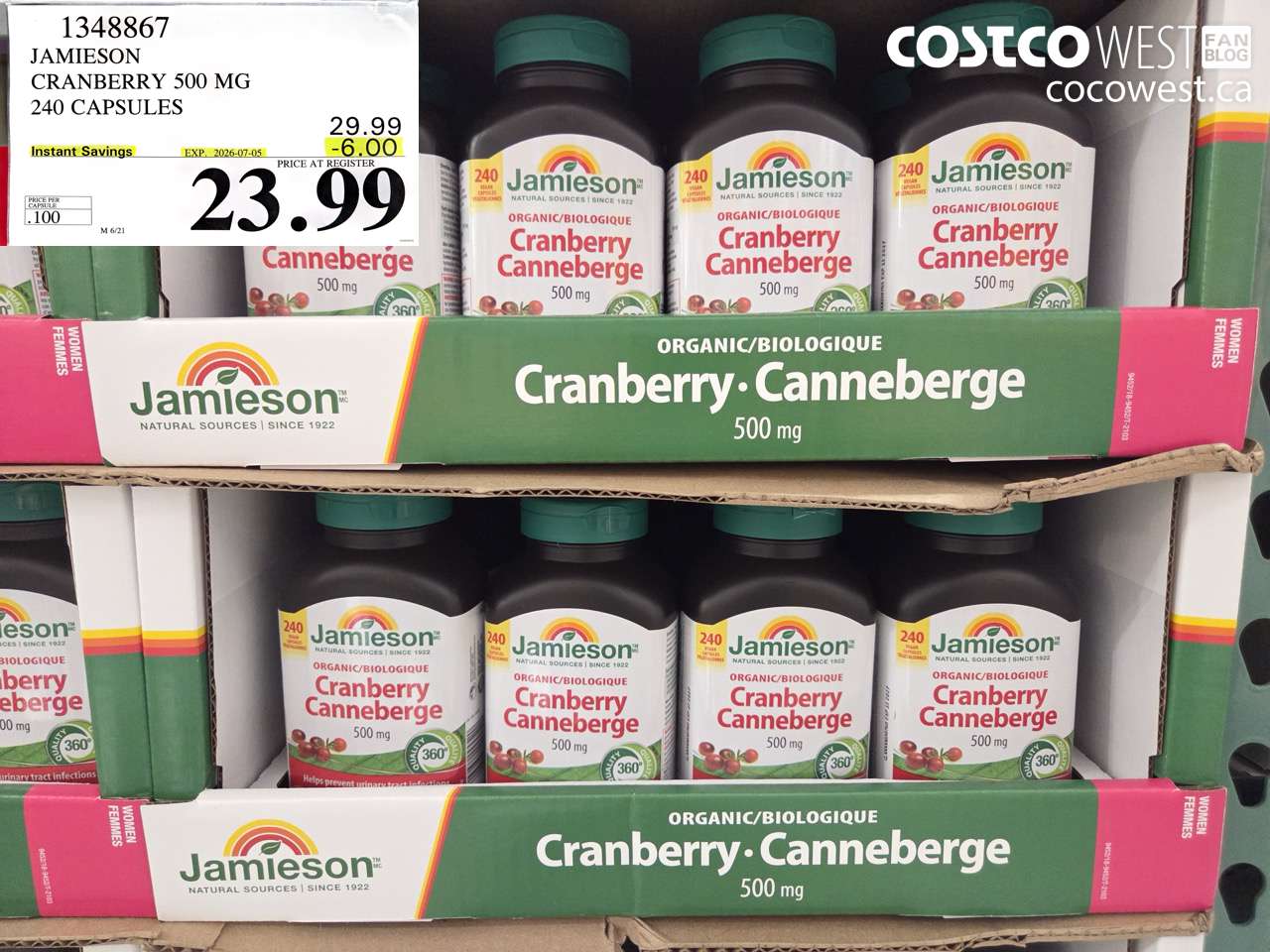 1348867 JAMIESON CRANBERRY 500 MG 240 CAPSULES ($6.00 INSTANT SAVINGS EXPIRES ON 2026-07-05) $23.99