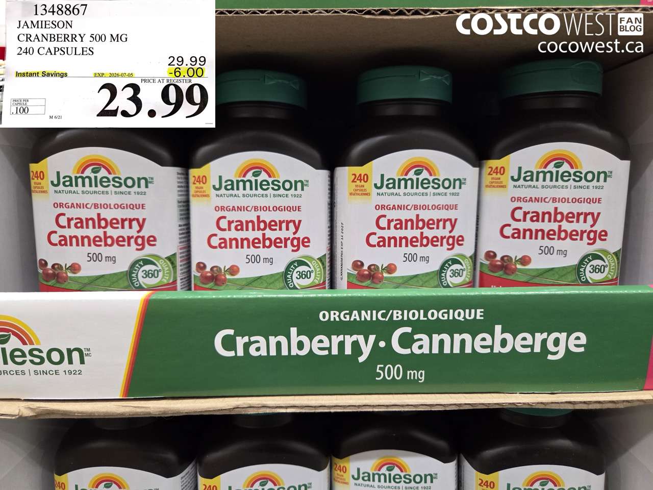 1348867 JAMIESON CRANBERRY 500 MG 240 CAPSULES ($6.00 INSTANT SAVINGS EXPIRES ON 2026-07-05) $23.99