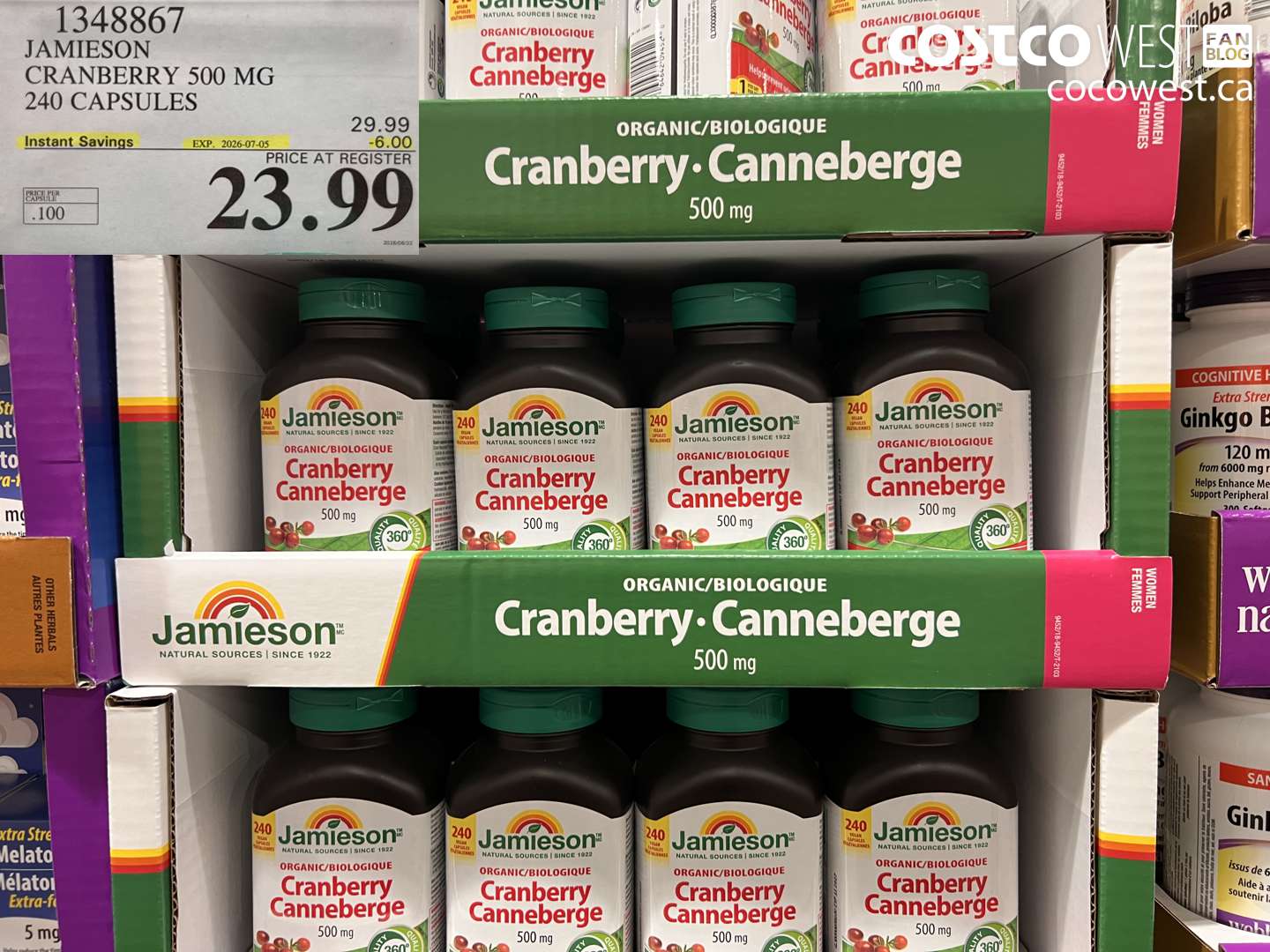 1348867 JAMIESON CRANBERRY 500 MG 240 CAPSULES ($6.00 INSTANT SAVINGS EXPIRES ON 2026-07-05) $23.99