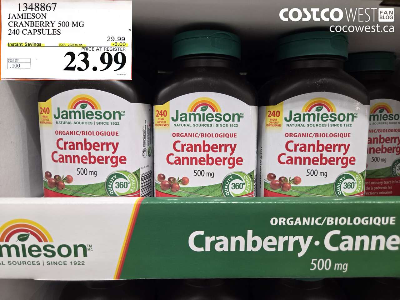1348867 JAMIESON CRANBERRY 500 MG 240 CAPSULES ($6.00 INSTANT SAVINGS EXPIRES ON 2026-07-05) $23.99