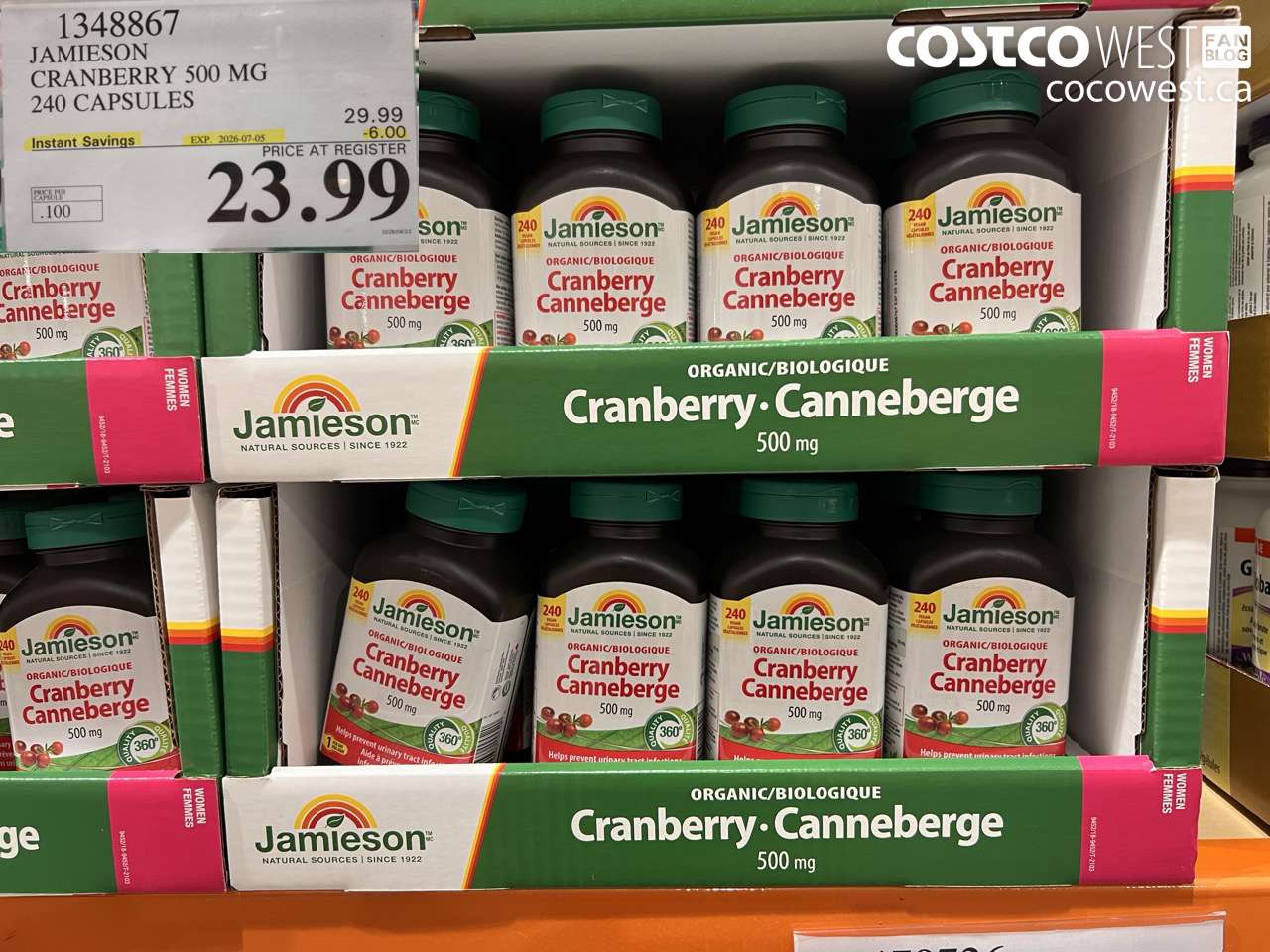 1348867 JAMIESON CRANBERRY 500 MG 240 CAPSULES ($6.00 INSTANT SAVINGS EXPIRES ON 2026-07-05) $23.99