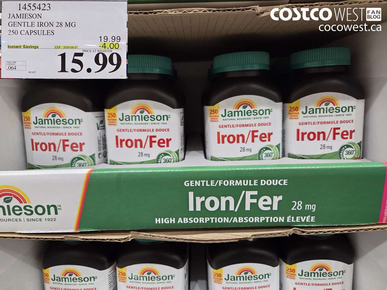 1455423 JAMIESON GENTLE IRON 28 MG 250 CAPSULES ($4.00 INSTANT SAVINGS EXPIRES ON 2026-06-07) $15.99