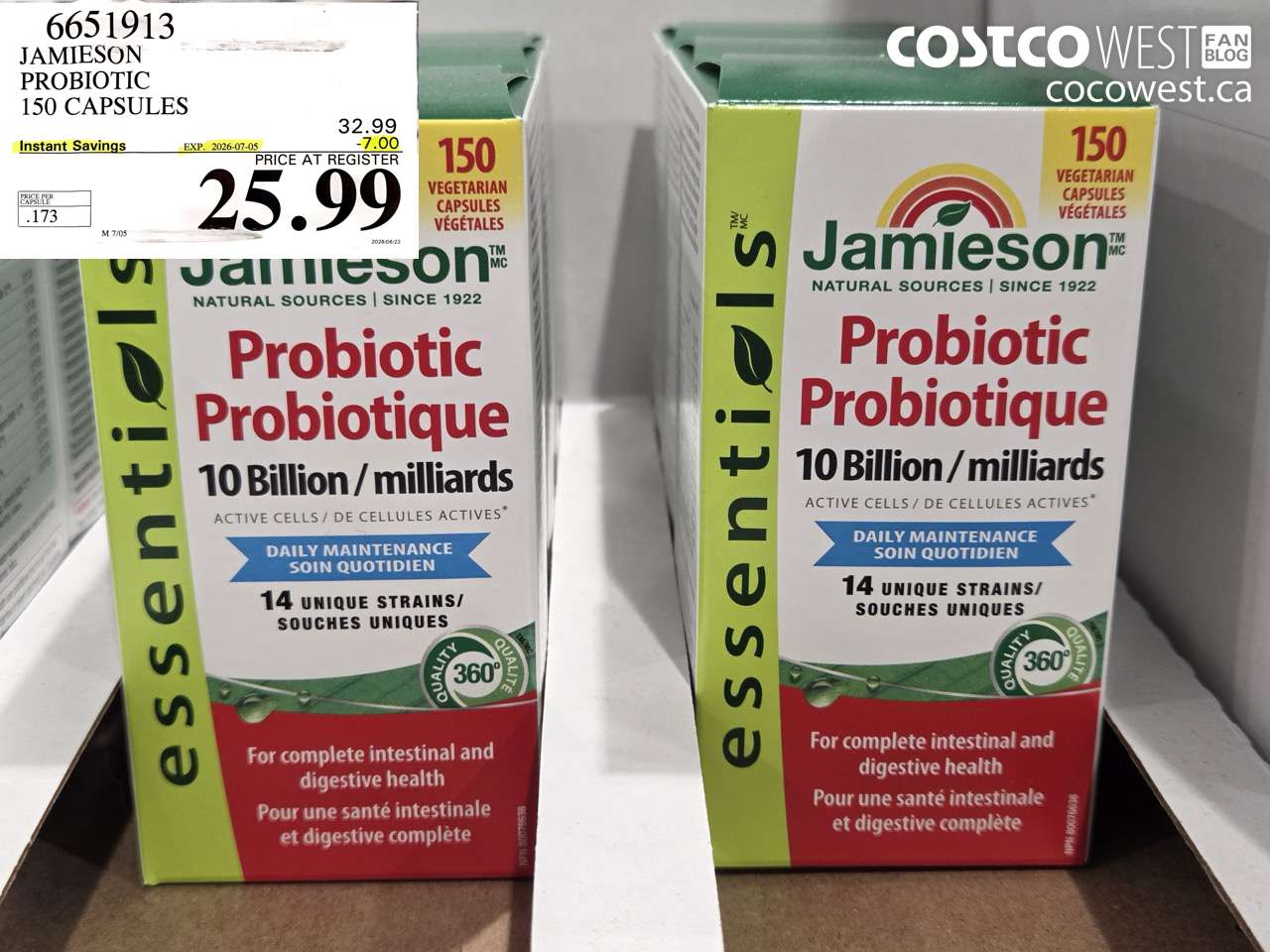 6651913 JAMIESON PROBIOTIC 150 CAPSULES ($7.00 INSTANT SAVINGS EXPIRES ON 2026-07-05) $25.99