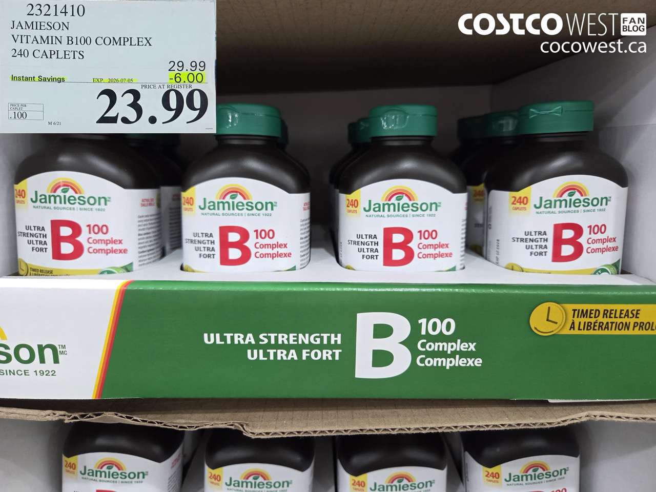 2321410 JAMIESON VITAMIN B100 COMPLEX 240 CAPLETS ($6.00 INSTANT SAVINGS EXPIRES ON 2026-07-05) $23.99