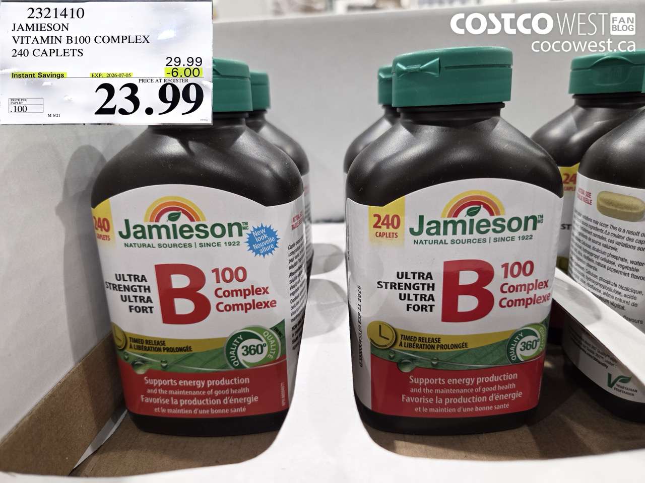 2321410 JAMIESON VITAMIN B100 COMPLEX 240 CAPLETS ($6.00 INSTANT SAVINGS EXPIRES ON 2026-07-05) $23.99