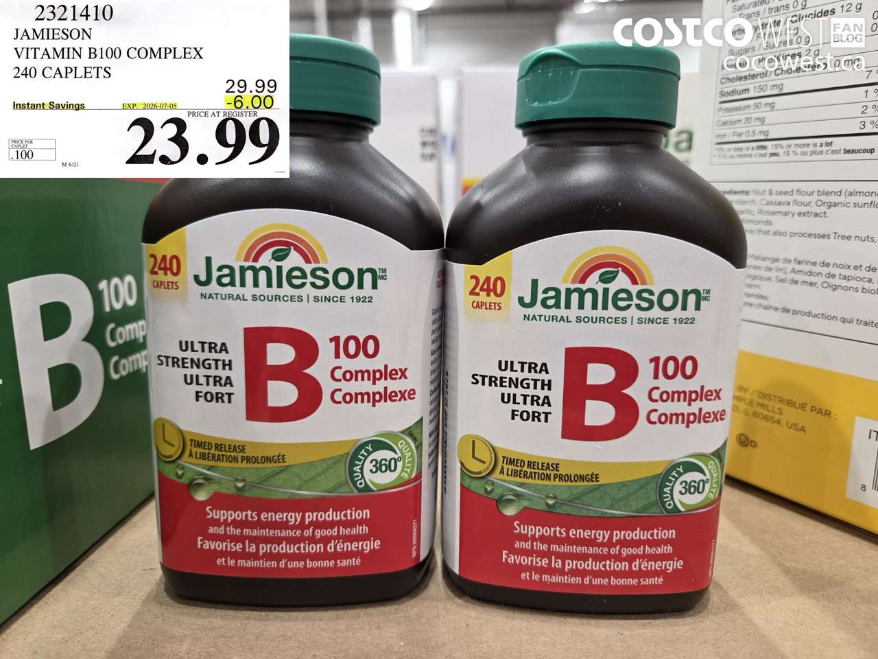 2321410 JAMIESON VITAMIN B100 COMPLEX 240 CAPLETS ($6.00 INSTANT SAVINGS EXPIRES ON 2026-07-05) $23.99