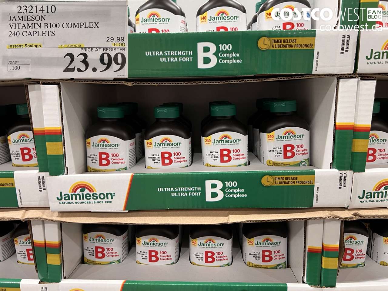 2321410 JAMIESON VITAMIN B100 COMPLEX 240 CAPLETS ($6.00 INSTANT SAVINGS EXPIRES ON 2026-07-05) $23.99