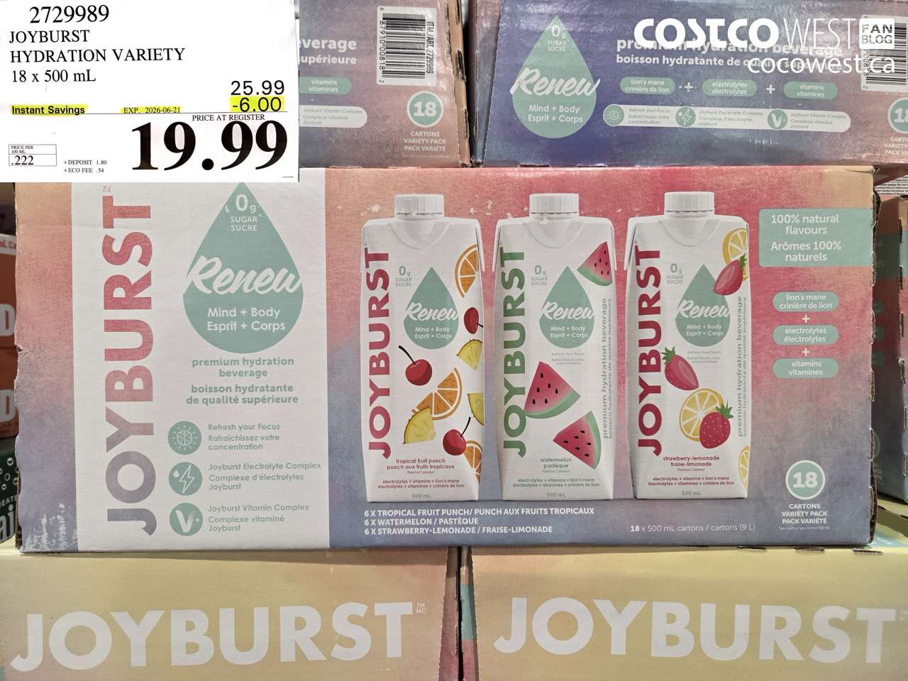2729989 JOYBURST HYDRATION VARIETY 18 X 500 ML ($6.00 INSTANT SAVINGS EXPIRES ON 2026-06-21) $19.99