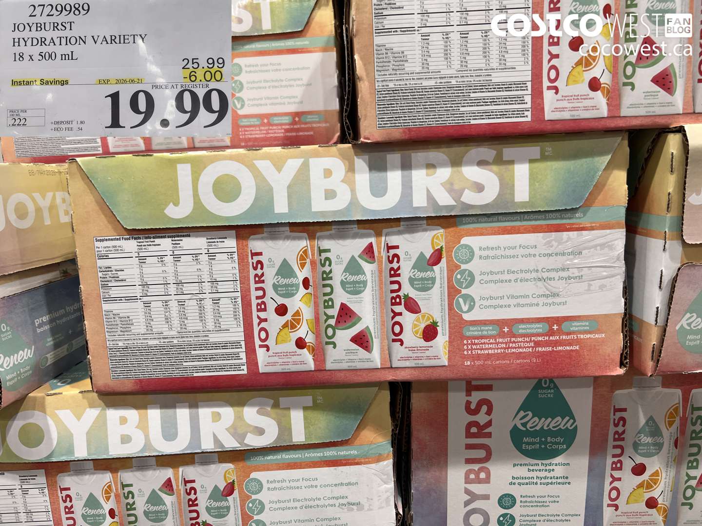 2729989 JOYBURST HYDRATION VARIETY 18 X 500 ML ($6.00 INSTANT SAVINGS EXPIRES ON 2026-06-21) $19.99
