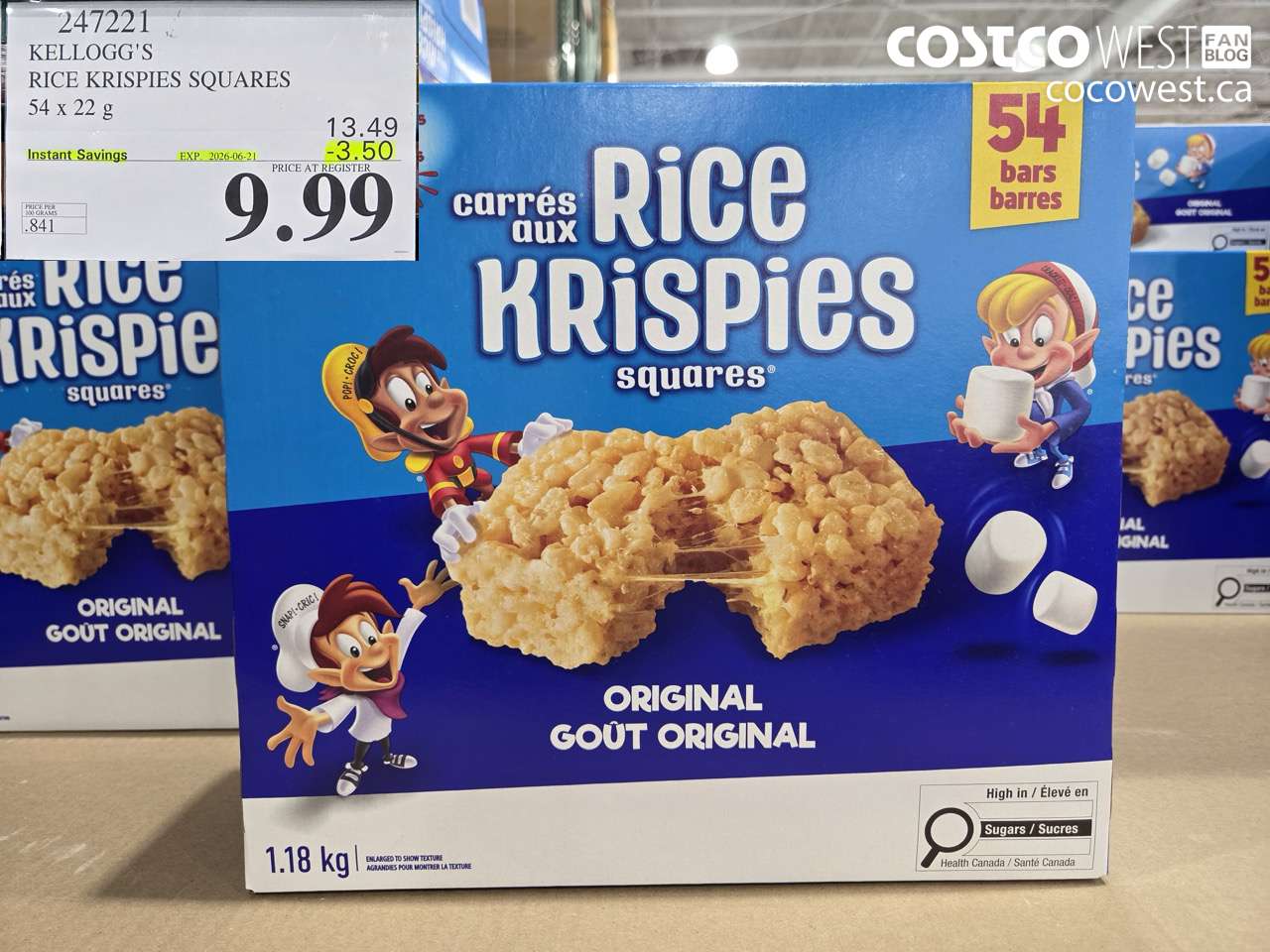 247221 KELLOGG'S RICE KRISPIES SQUARES 54 X 22 G ($3.50 INSTANT SAVINGS EXPIRES ON 2026-06-21) $9.99