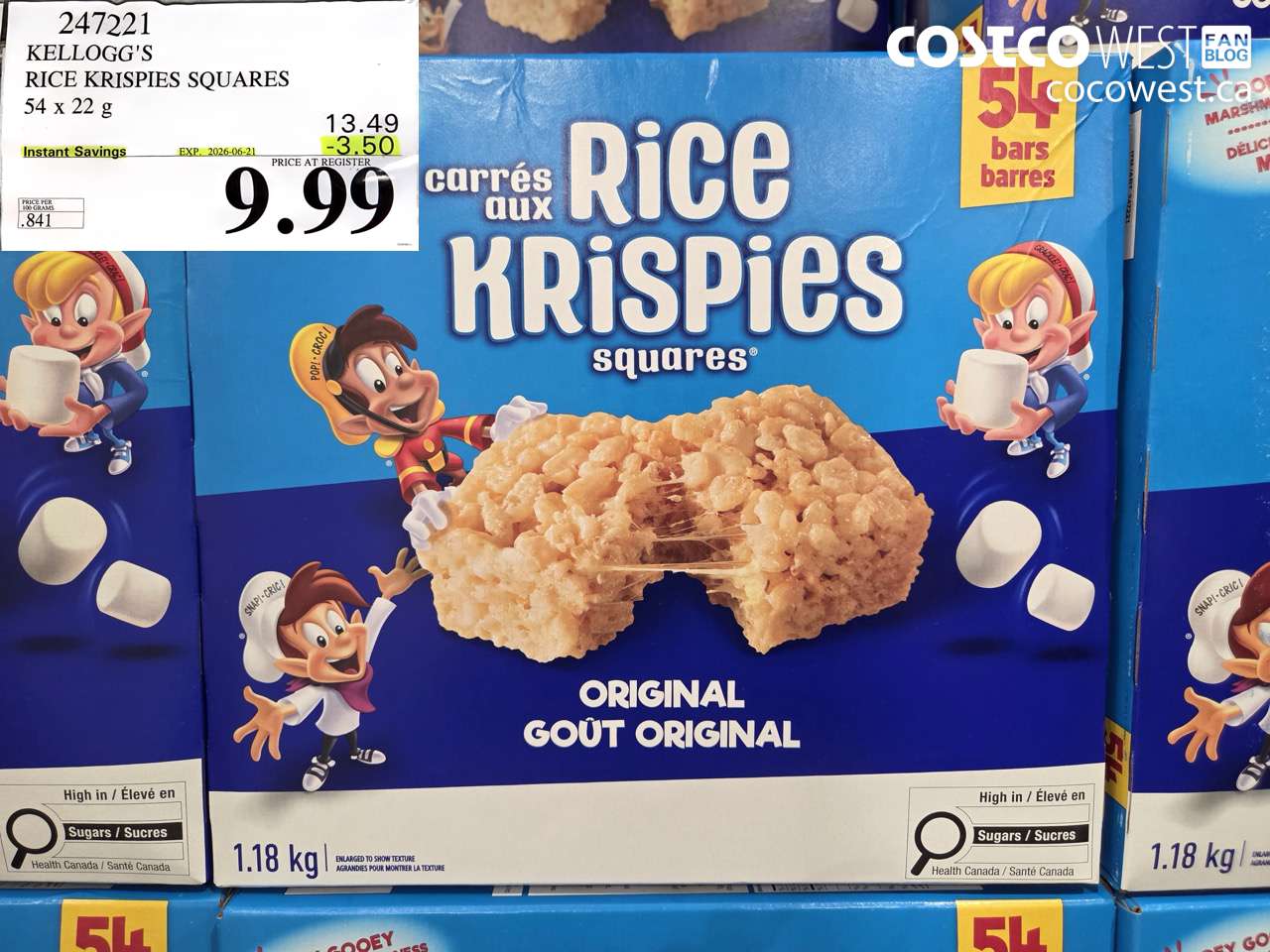 247221 KELLOGG'S RICE KRISPIES SQUARES 54 X 22 G ($3.50 INSTANT SAVINGS EXPIRES ON 2026-06-21) $9.99