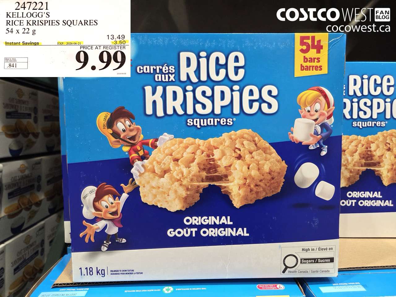247221 KELLOGG'S RICE KRISPIES SQUARES 54 X 22 G ($3.50 INSTANT SAVINGS EXPIRES ON 2026-06-21) $9.99