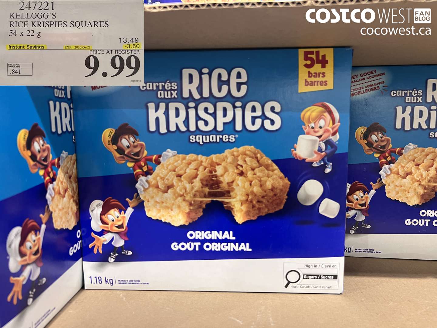 247221 KELLOGG'S RICE KRISPIES SQUARES 54 X 22 G ($3.50 INSTANT SAVINGS EXPIRES ON 2026-06-21) $9.99