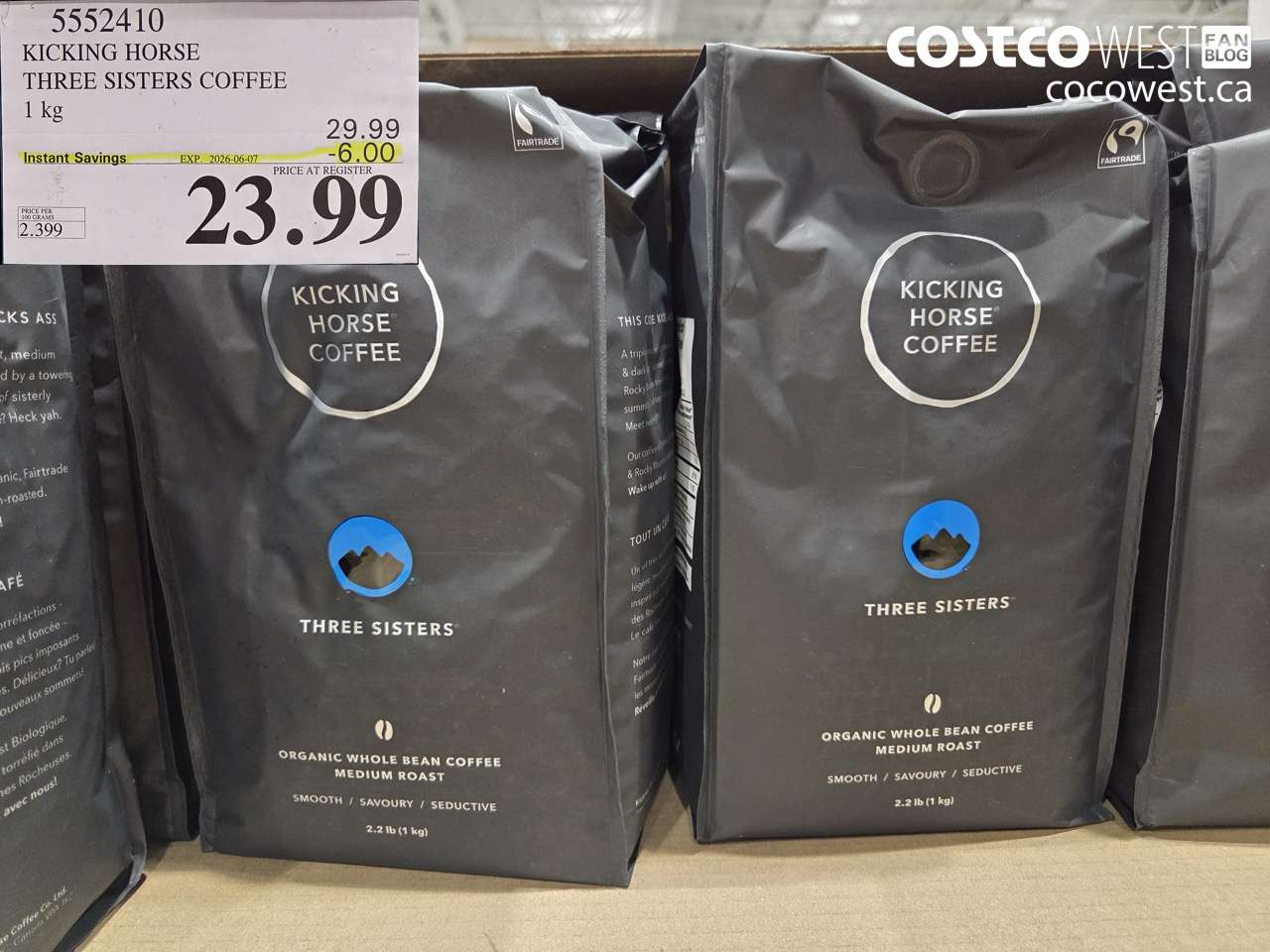 5552410 KICKING HORSE THREE SISTERS COFFEE 1 KG ($6.00 INSTANT SAVINGS EXPIRES ON 2026-06-07) $23.99