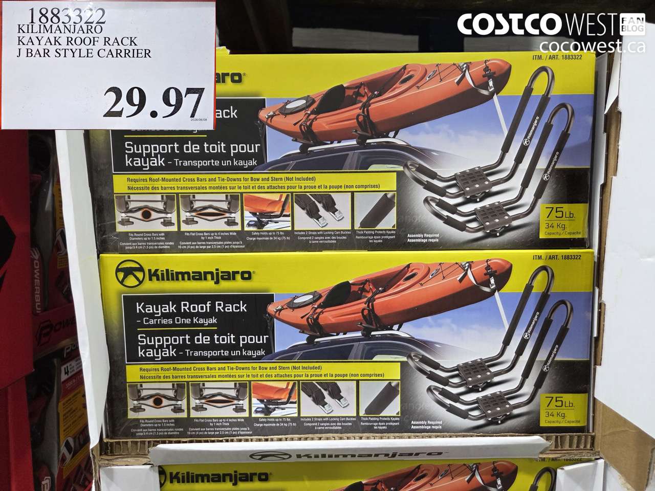 1883322 KILIMANJARO KAYAK ROOF RACK J BAR STYLE CARRIER $29.97