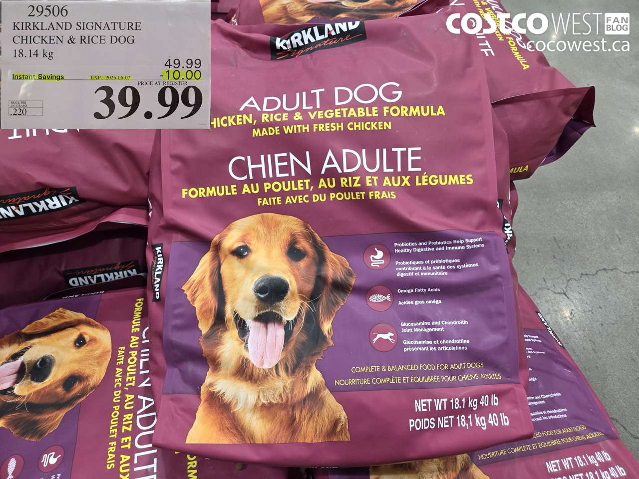 29506 KIRKLAND SIGNATURE CHICKEN & RICE DOG 18.14 KG ($10.00 INSTANT SAVINGS EXPIRES ON 2026-06-07) $39.99