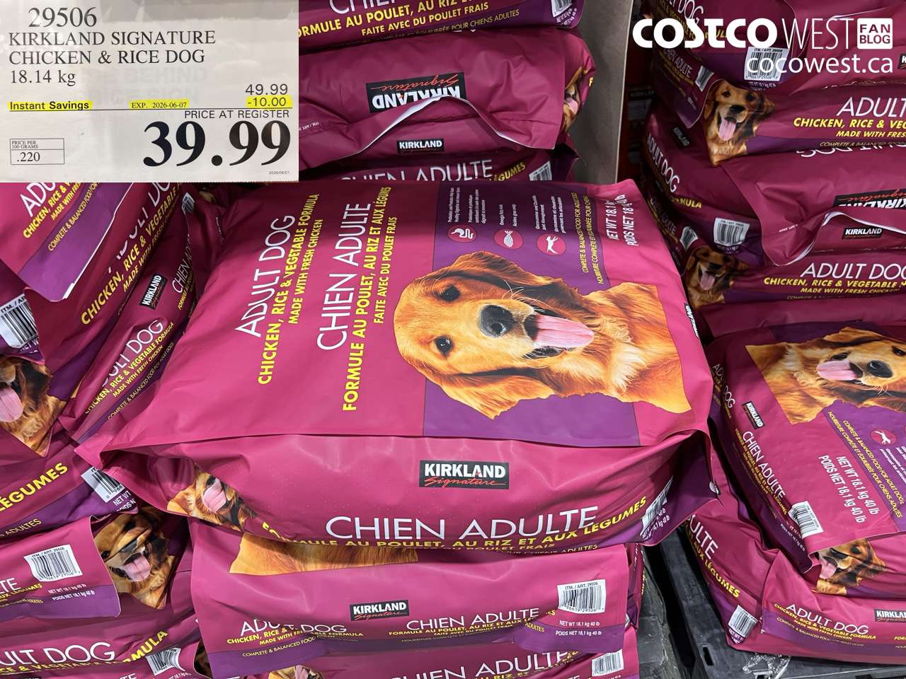 29506 KIRKLAND SIGNATURE CHICKEN & RICE DOG 18.14 KG ($10.00 INSTANT SAVINGS EXPIRES ON 2026-06-07) $39.99