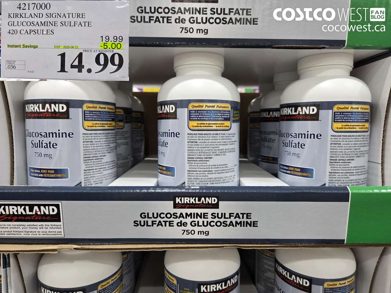 4217000 KIRKLAND SIGNATURE GLUCOSAMINE SULFATE 420 CAPSULES ($5.00 INSTANT SAVINGS EXPIRES ON 2026-06-21) $14.99