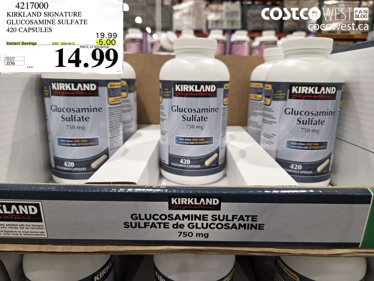 4217000 KIRKLAND SIGNATURE GLUCOSAMINE SULFATE 420 CAPSULES ($5.00 INSTANT SAVINGS EXPIRES ON 2026-06-21) $14.99