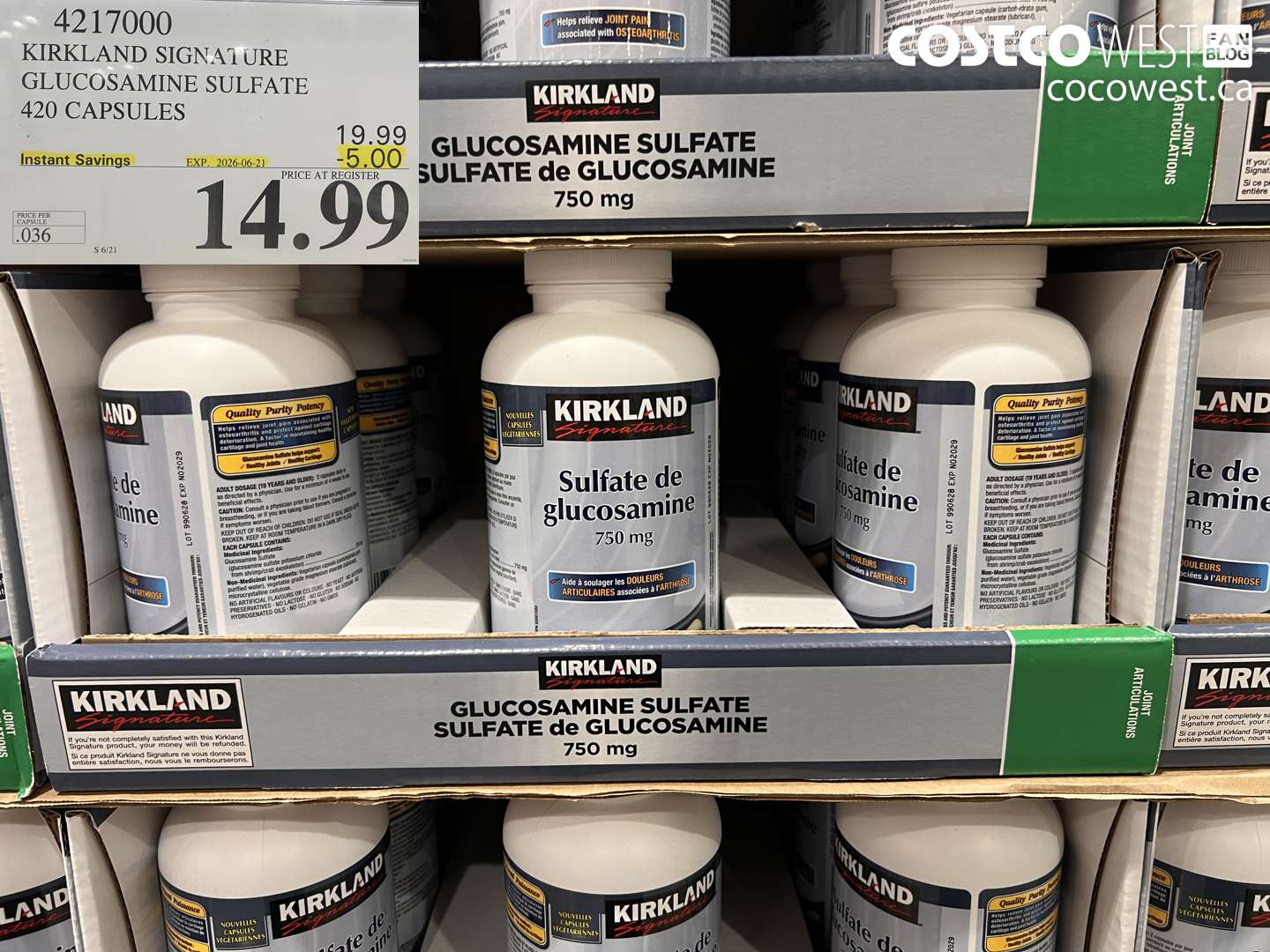 4217000 KIRKLAND SIGNATURE GLUCOSAMINE SULFATE 420 CAPSULES ($5.00 INSTANT SAVINGS EXPIRES ON 2026-06-21) $14.99