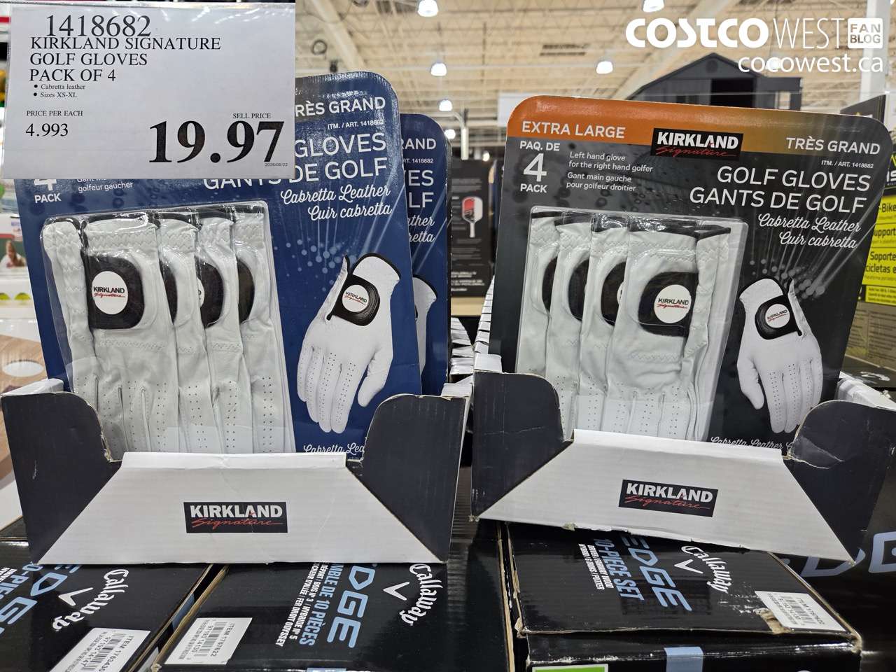 1418682 KIRKLAND SIGNATURE GOLF GLOVES PACK OF 4 $19.97