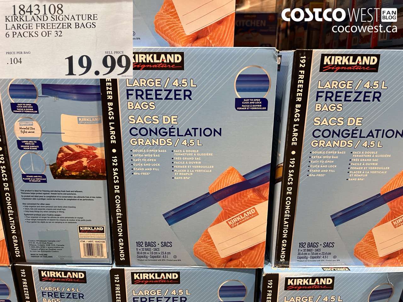 1843108 KIRKLAND SIGNATURE LARGE FREEZER BAGS 6 PACKS OF 32 $19.99