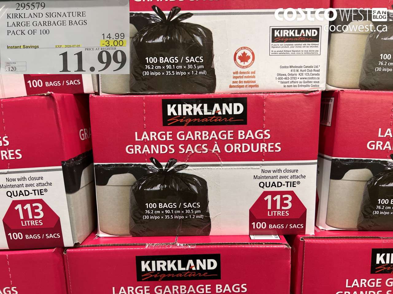 295579 KIRKLAND SIGNATURE LARGE GARBAGE BAGS PACK OF 100 ($3.00 INSTANT SAVINGS EXPIRES ON 2026-07-05) $11.99
