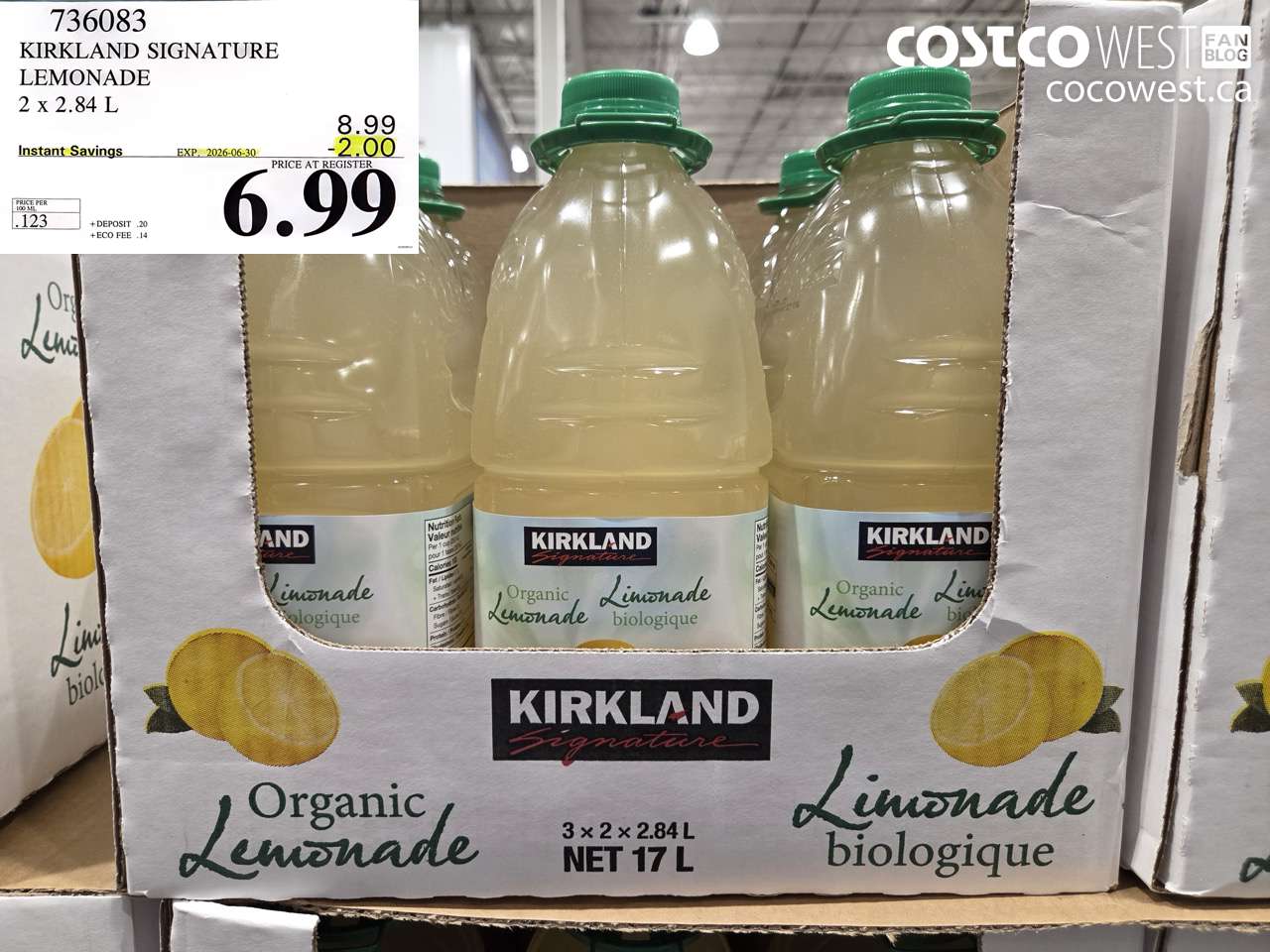 736083 KIRKLAND SIGNATURE LEMONADE 2 X 2.84 L ($2.00 INSTANT SAVINGS EXPIRES ON 2026-06-30) $6.99