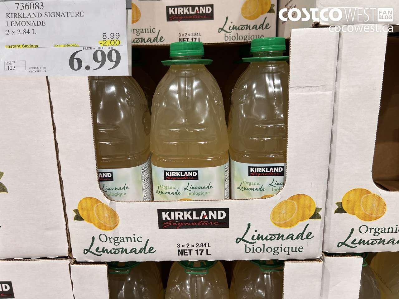 736083 KIRKLAND SIGNATURE LEMONADE 2 X 2.84 L ($2.00 INSTANT SAVINGS EXPIRES ON 2026-06-30) $6.99