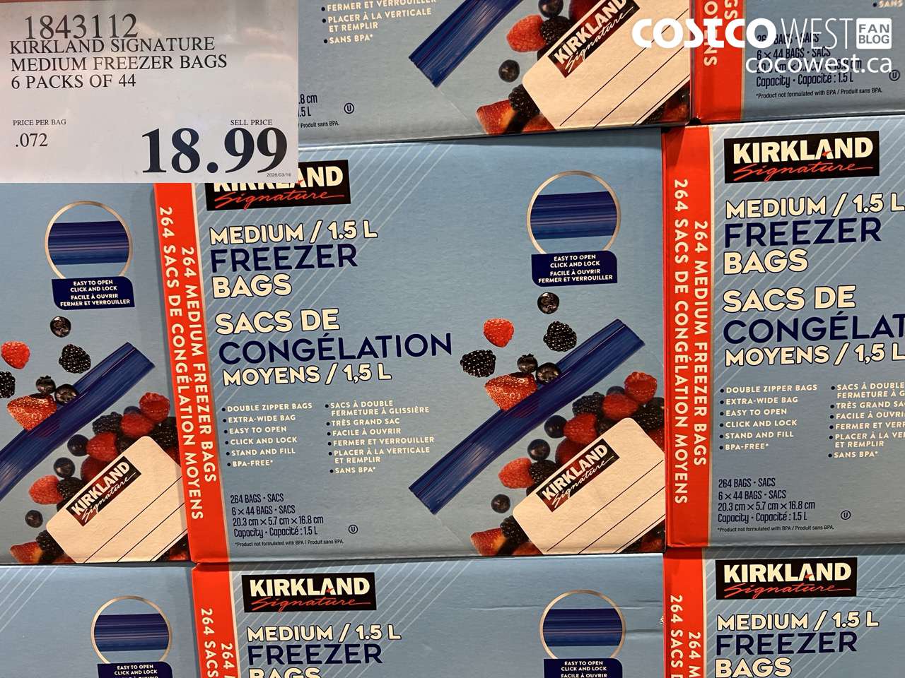 1843112 KIRKLAND SIGNATURE MEDIUM FREEZER BAGS 6 PACKS OF 44 $18.99