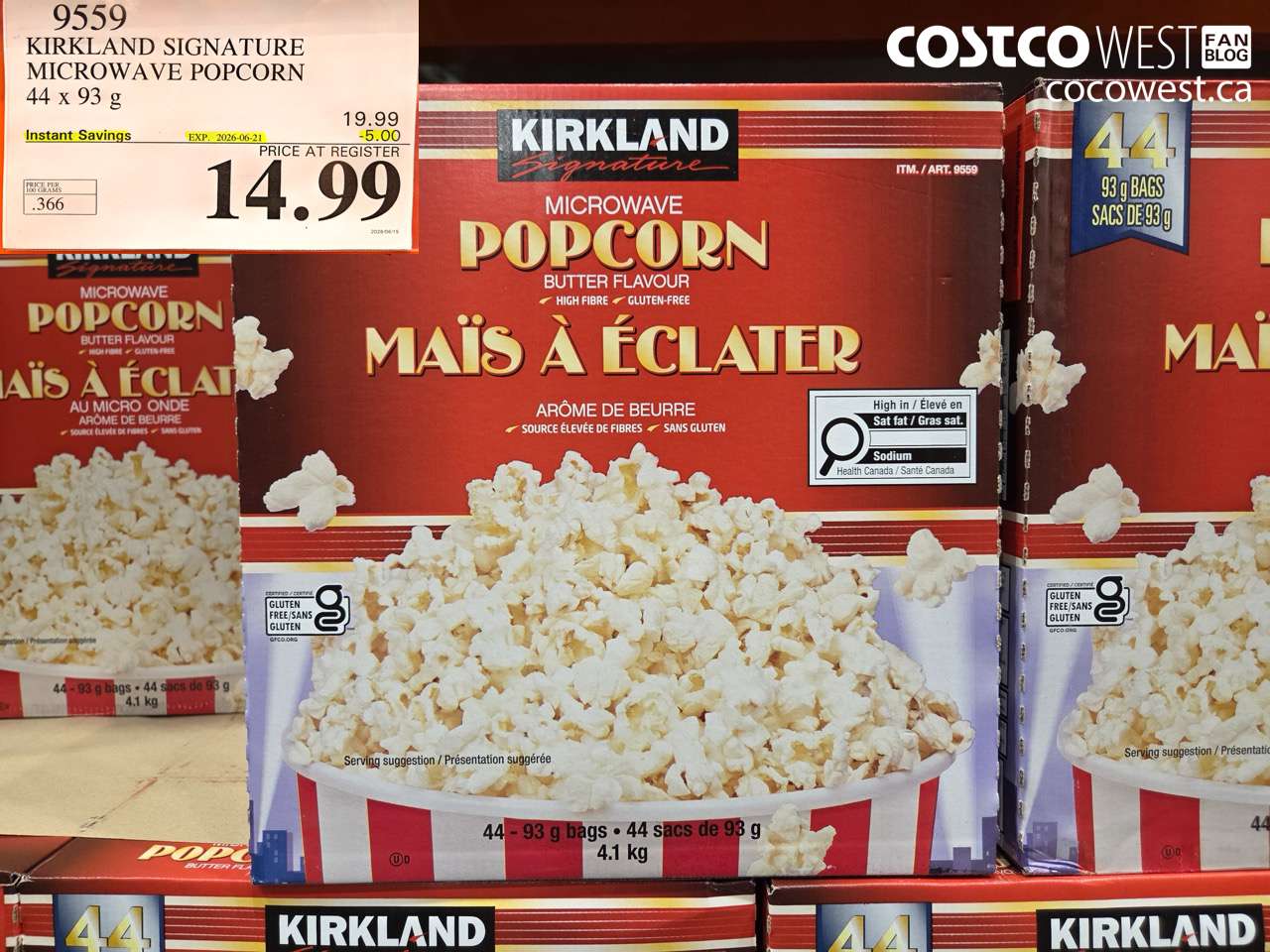 9559 KIRKLAND SIGNATURE MICROWAVE POPCORN 44 X 93 G ($5.00 INSTANT SAVINGS EXPIRES ON 2026-06-21) $14.99