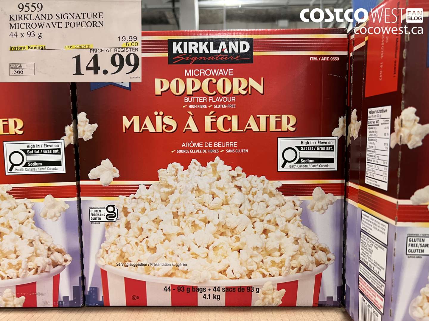 9559 KIRKLAND SIGNATURE MICROWAVE POPCORN 44 X 93 G ($5.00 INSTANT SAVINGS EXPIRES ON 2026-06-21) $14.99